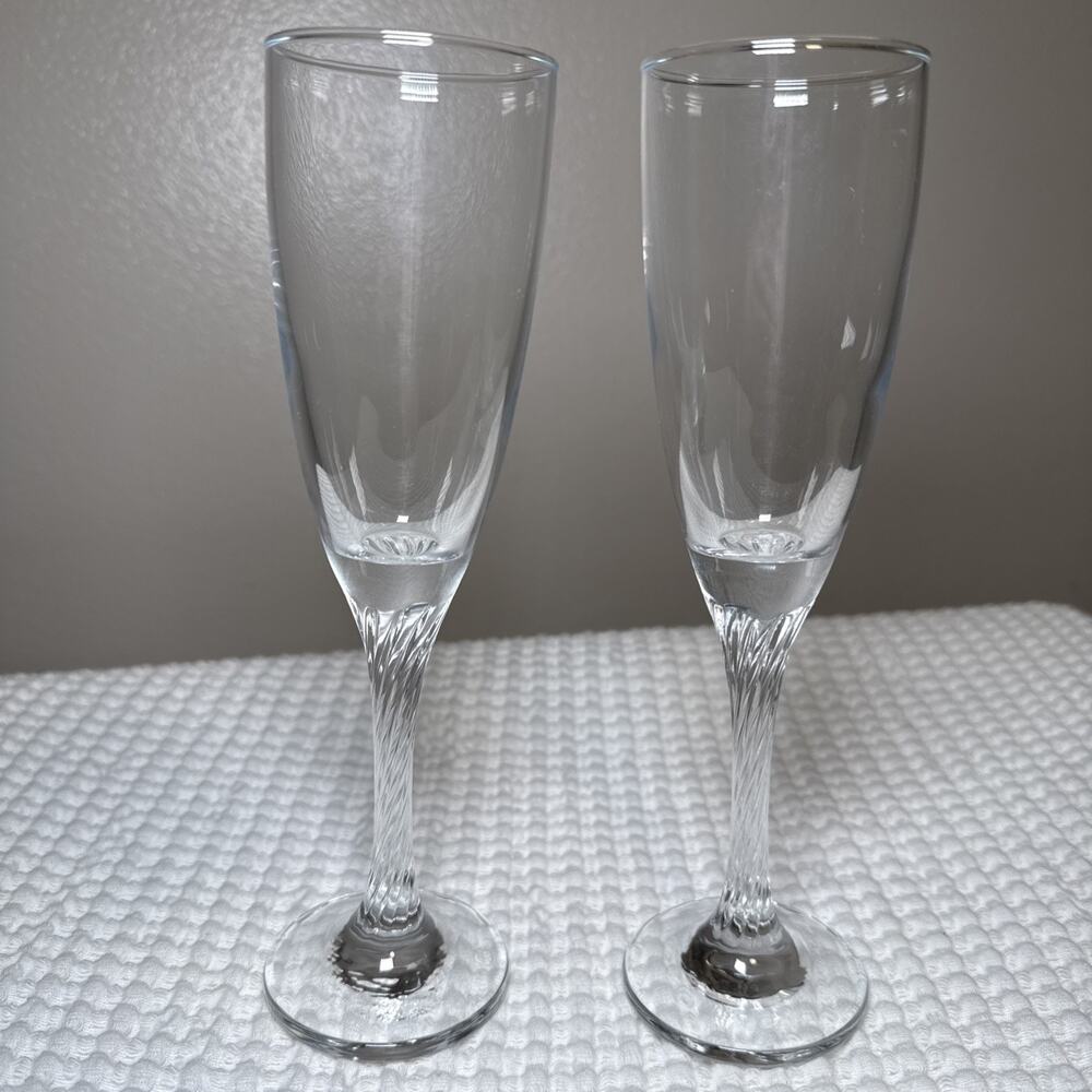 Set of 2 European Champagne Flutes Twisted Stem Clear Glass Modern Elegant 8” - Picture 12 of 12